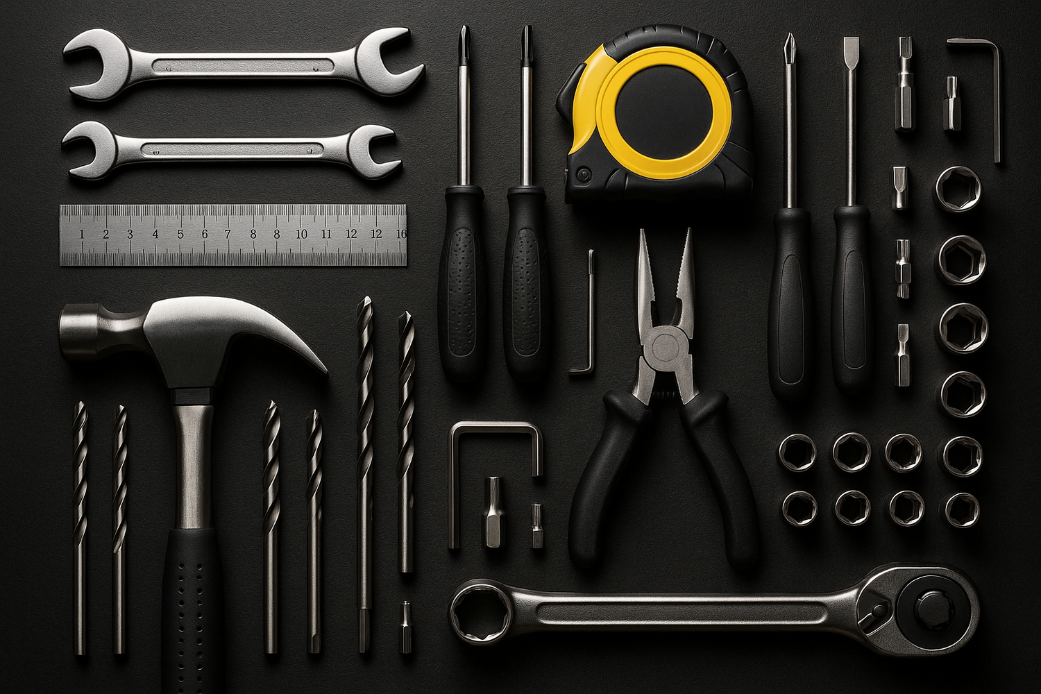 一张高质感的五金工具平铺图（例如一套工具放在黑色工作台上）
或

一张正在使用工具的场景图（例如工匠手握电钻的照片）